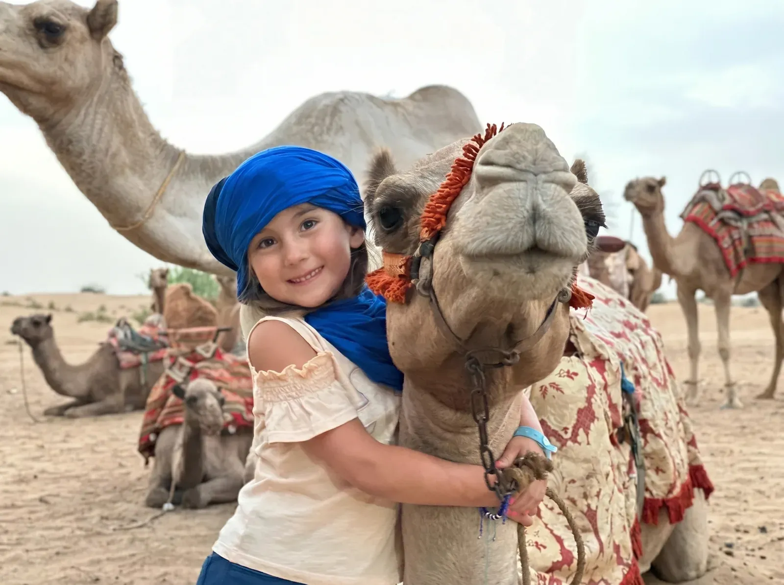 Enfant câlinant un chameau lors de la balade à Saïdia